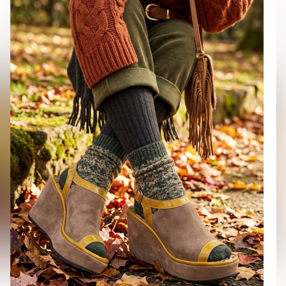 Fly London Taupe Suede Wedges with Mustard Trim